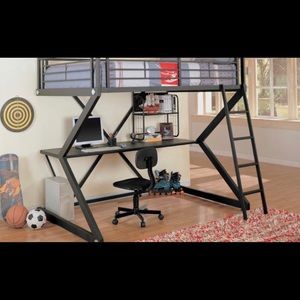 Black metal bunk bed frame with desk